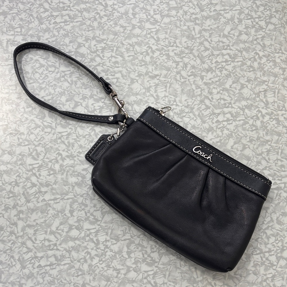 Coach Black Leather Wristlet with Silver Accents